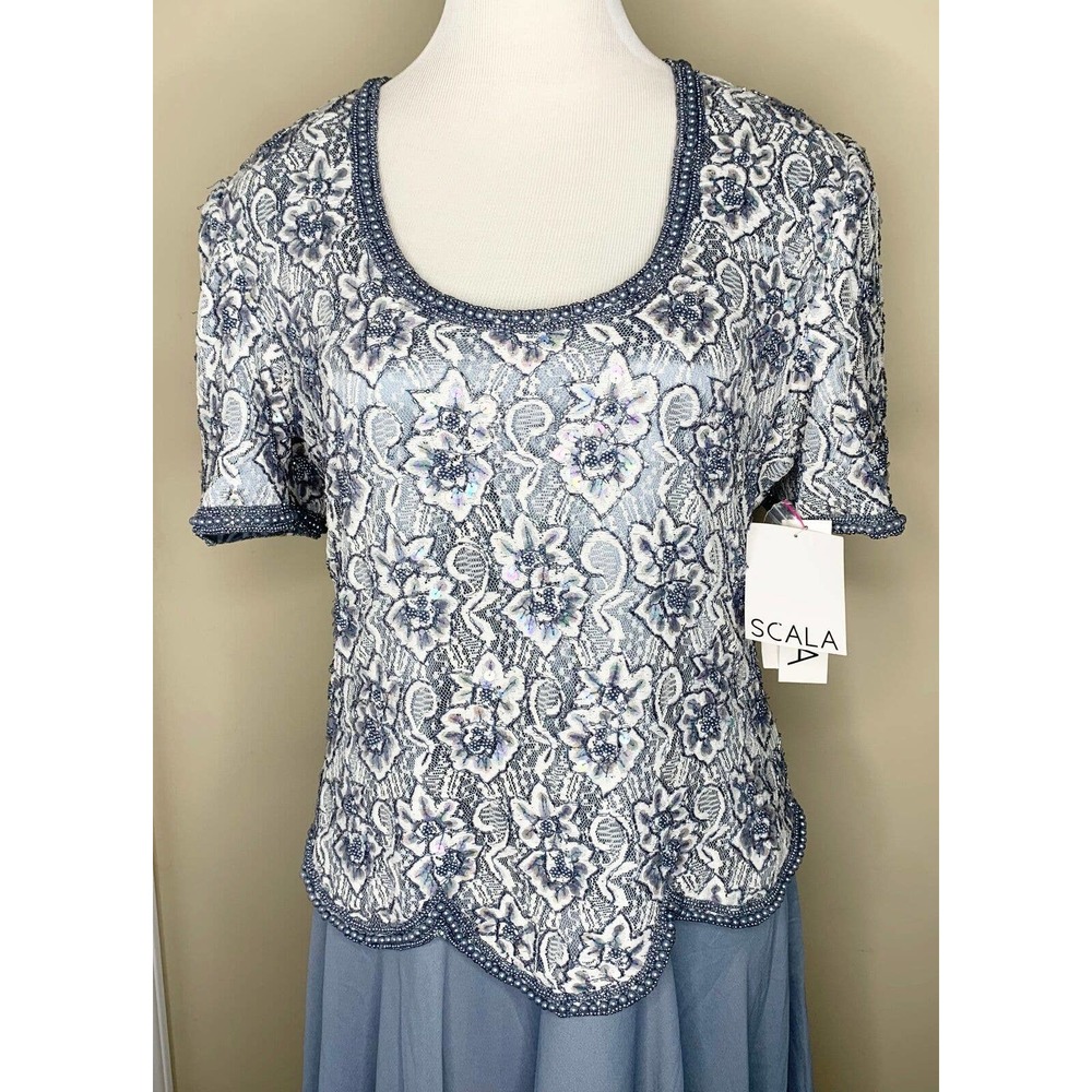 NWT Scala Blue Beaded Sequin Evening Gown Size L